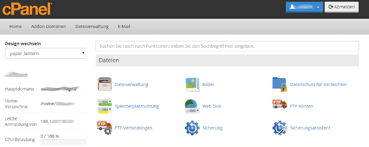 cPanel Oberfläche (Screenshot)