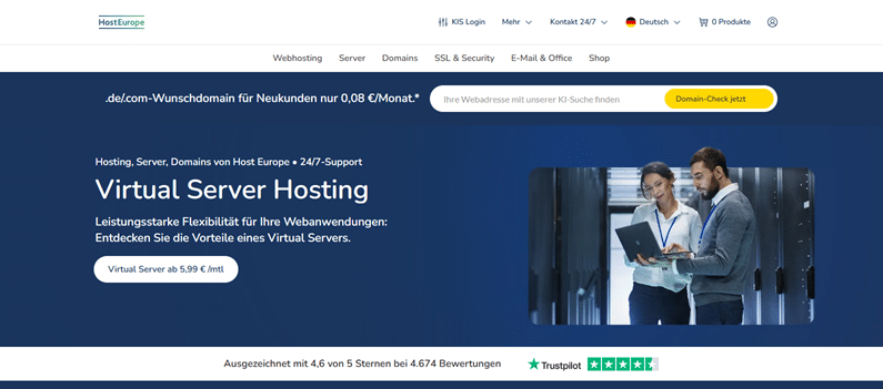 Host Europe Screenshot der Startseite